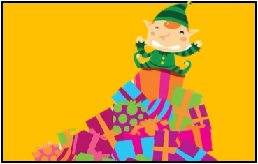 A cartoon elf sitting on a pile of Christmas presents