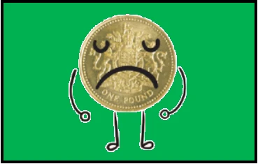 A pound with an unhappy face drawn on the front